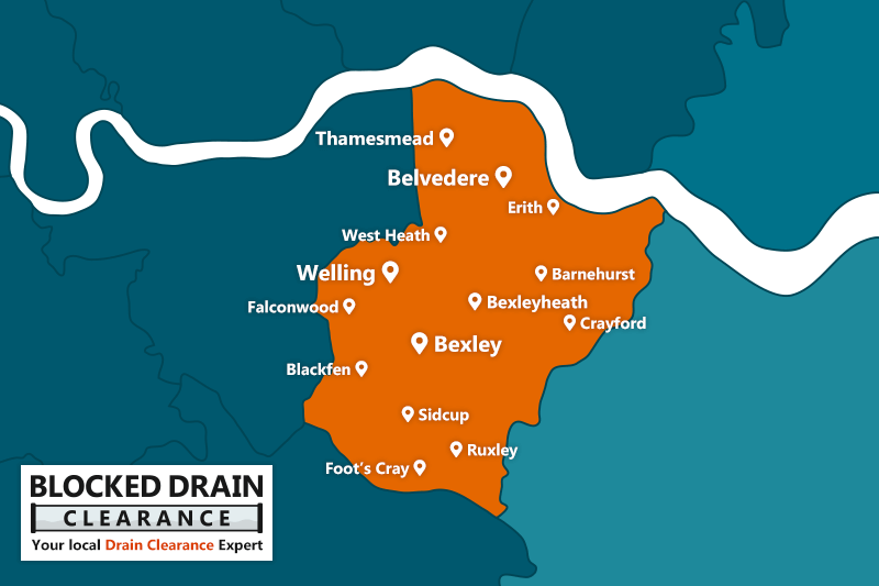 Blocked Drain Clearance service area map for the London Borough of Bexley with location markers.