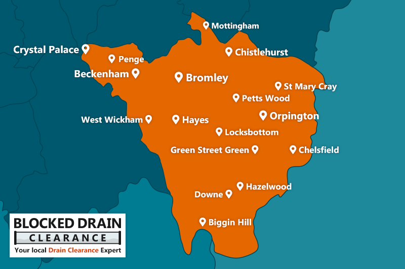 Blocked Drain Clearance service area map for the London Borough of Bromley with location markers.
