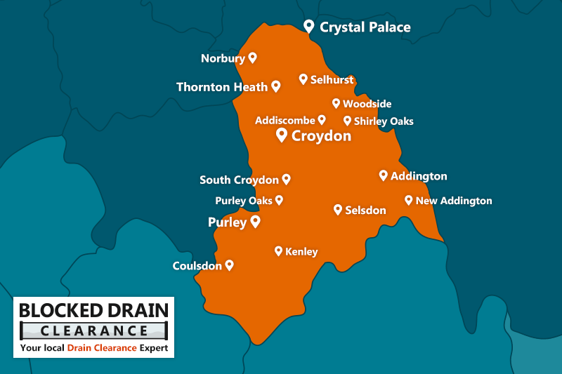 Blocked Drain Clearance service area map for the London Borough of Croydon with location markers.