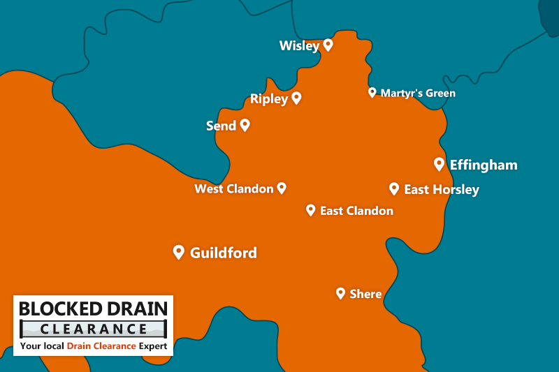 Blocked Drain Clearance service area map for the Borough of Guildford with location markers.