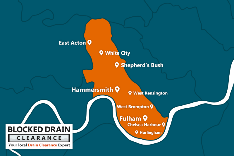 Blocked Drain Clearance service area map for the London Borough of Hammersmith and Fulham with location markers.