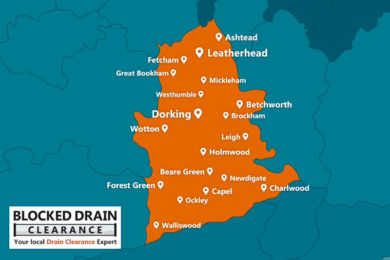 Blocked Drain Clearance service area map for the Mole Valley district with location markers.