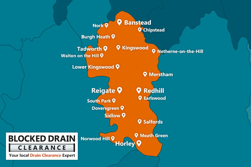 Blocked Drain Clearance service area map for the Reigate and Banstead district with location markers.