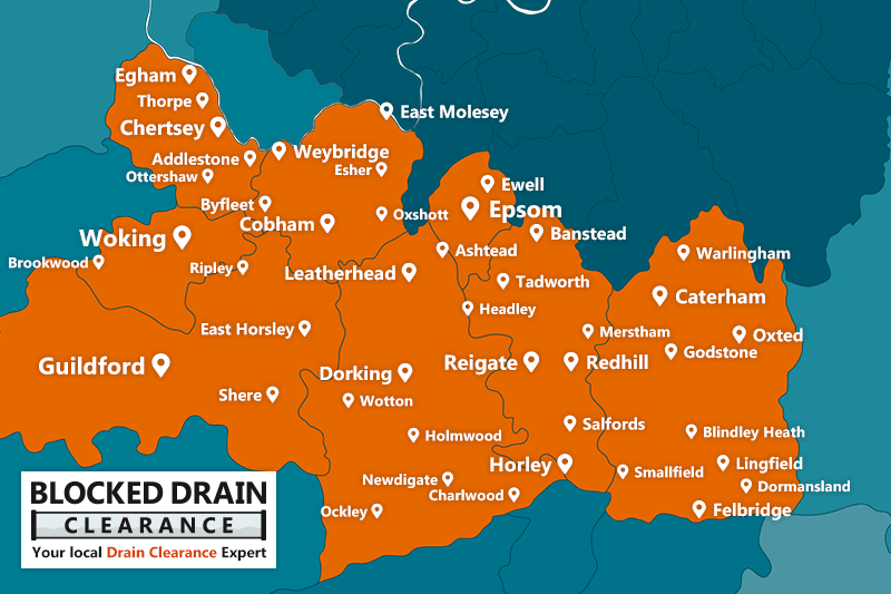 Blocked Drain Clearance service area map for Surrey with location markers.
