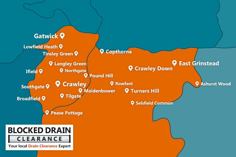 Blocked Drain Clearance service area map for West Sussex with location markers.