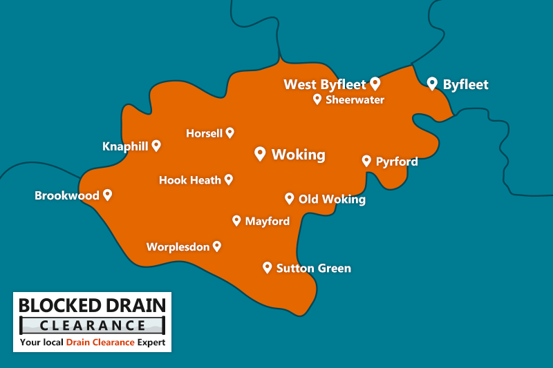 Blocked Drain Clearance service area map for the Borough of Woking with location markers.